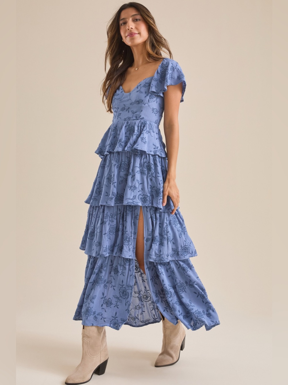 Altar'd State Dusty Blue Floral Tiered Maxi Dress Roxanne Layered Maxi Dress M